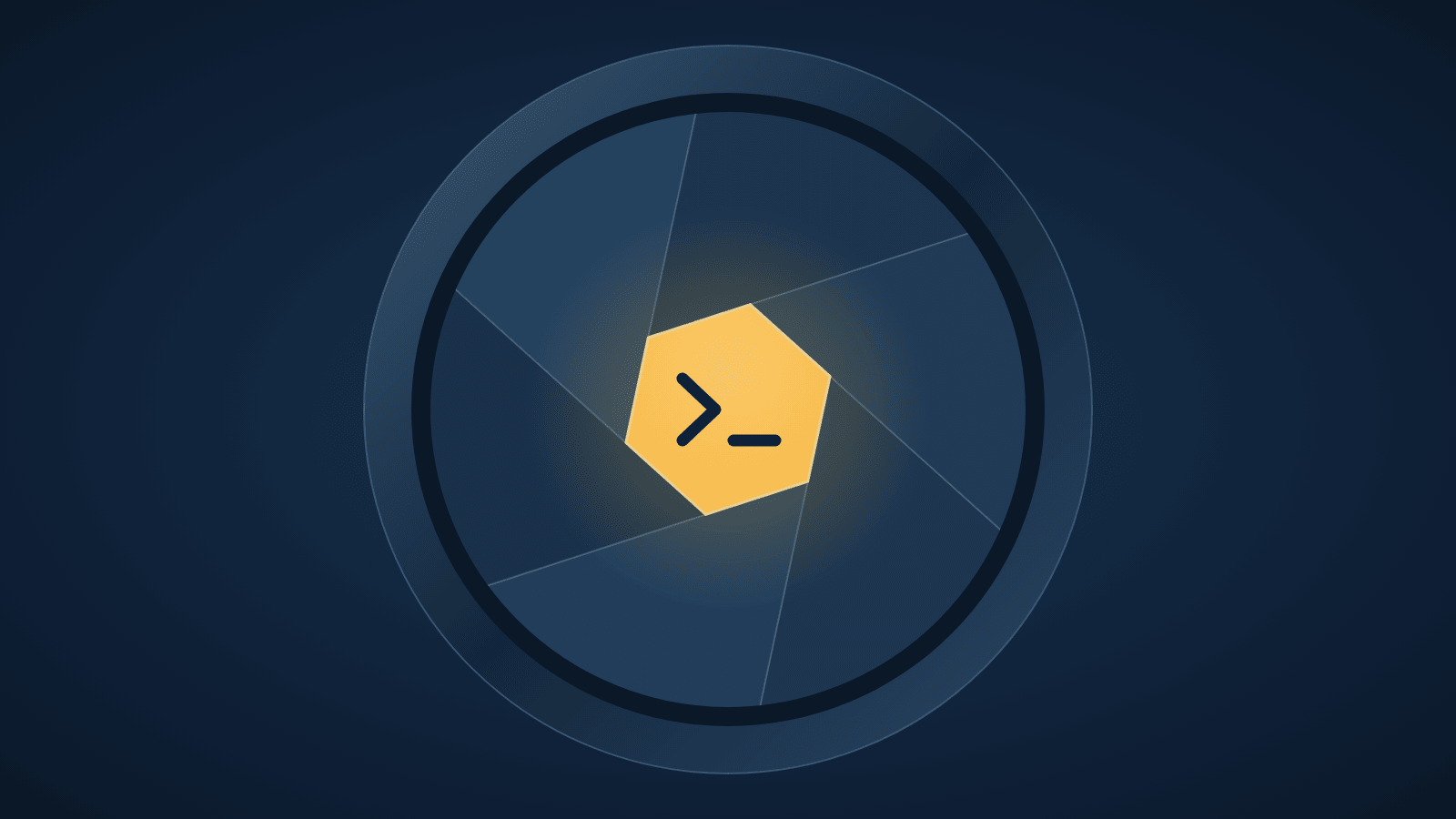 The diaphragm of a camera lens with six dark blue blades, its opening a honey yellow hexagon like a cell of a honeycomb, with the prompt of a terminal inside